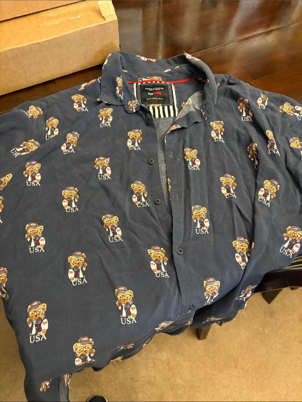 Denim and Flower Navy Button-Down Shirt with Teddy Bear USA Print